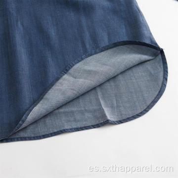 Camisa holgada de mezclilla Tencel de manga larga azul marino para mujer